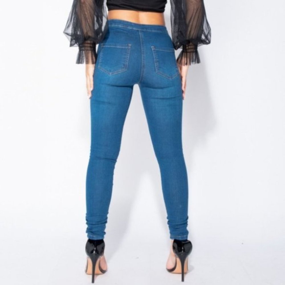 Blue High Waist Ripped Distressed Skinny Denim Jeggings Pants - Picture 5 of 13